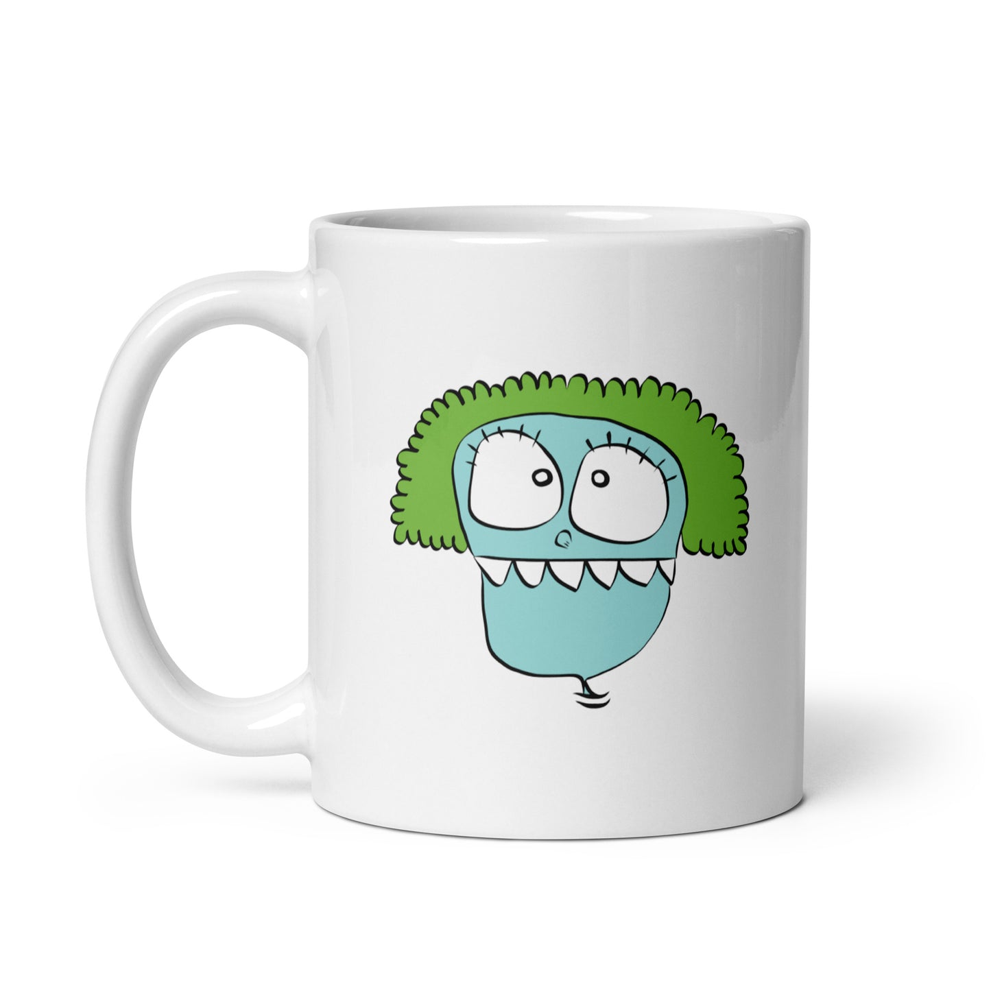 Taza desayuno blanca brillante de 325 ml de volumen. Personaje Mr Brocolius. Parte trasera.