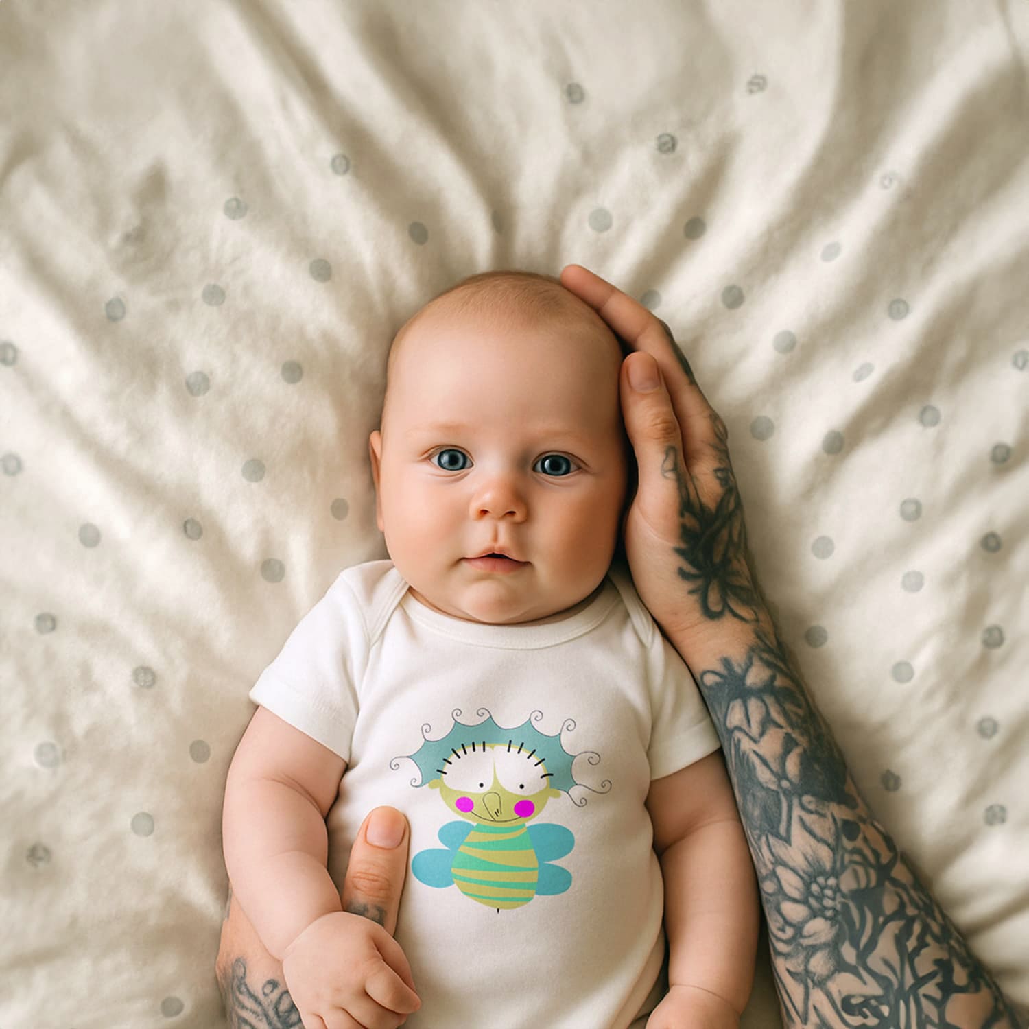 Bebé tumbado en la cama, vistiendo un body de algodón orgánico, color natural, y manga corta, con estampado de Dr. Pepper