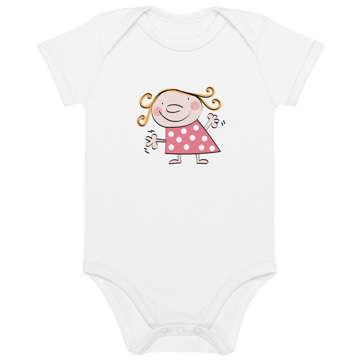 Estampación del personaje Clotte de Clotilde sobre body de bebé color blanco y elaborado con algodón orgánico certificado. Manga corta.