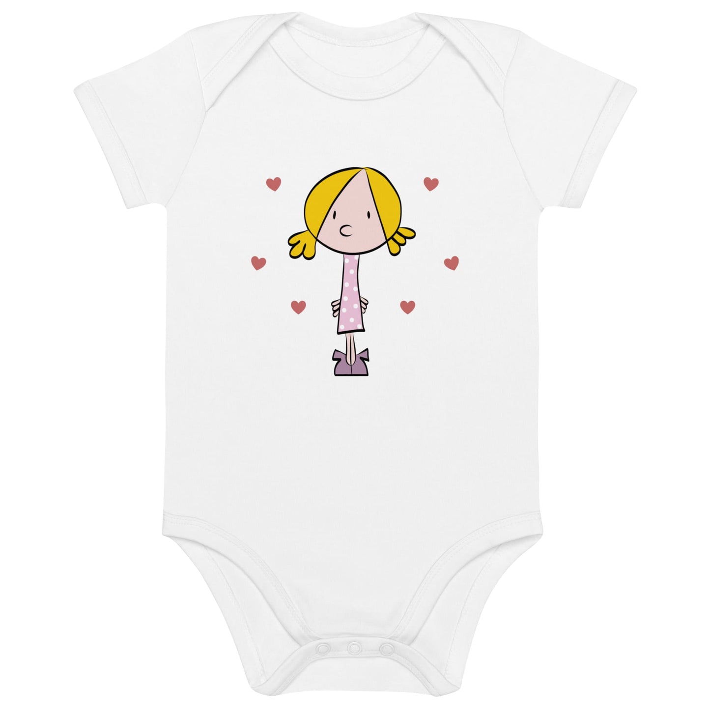 Body bebé de algodón orgánico color blanco y manga corta con el personaje Chupa Chup Girl estampado.