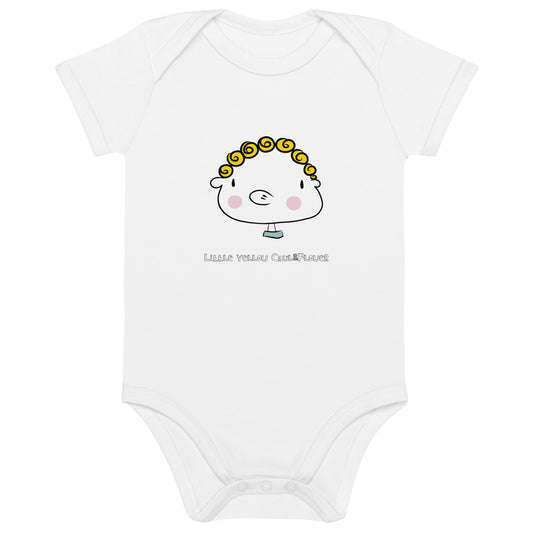 Dibujo frontal del personaje Little Yellow Caul&Flower sobre body de bebé color blanco y elaborado con algodón orgánico certificado. Manga corta.