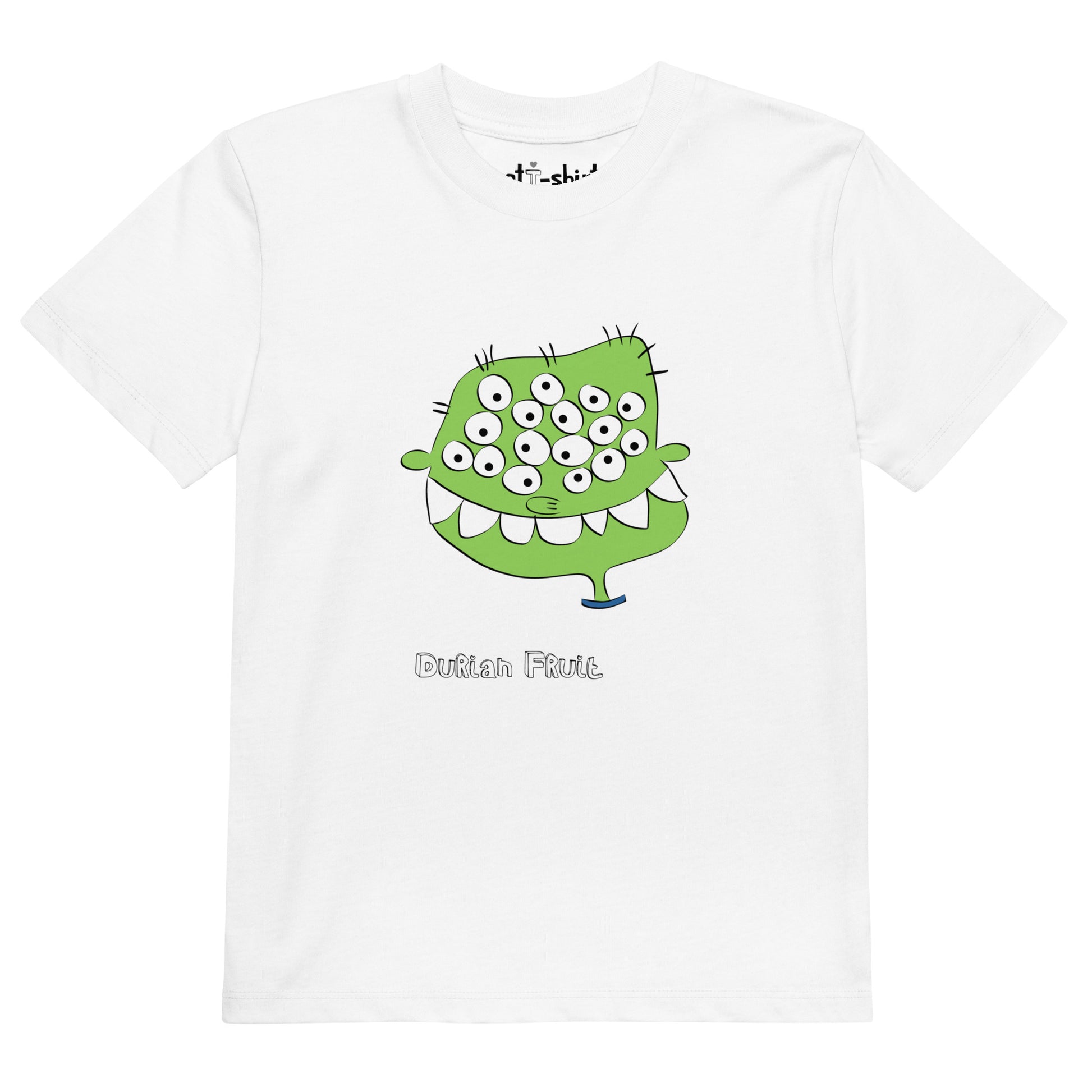 Camiseta de niño/a elaborada en algodón orgánico y de manga corta. Personaje Durian Fruit en su parte frontal.