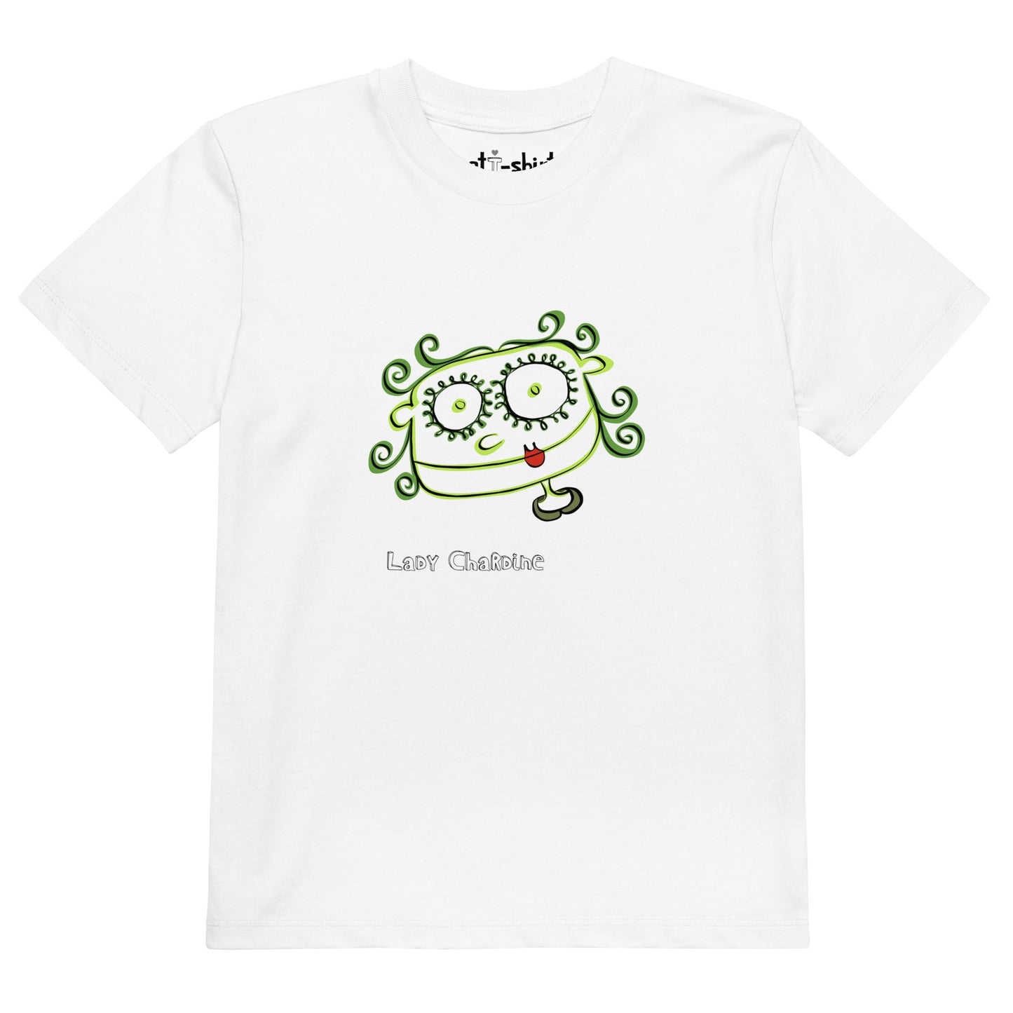 Camiseta de niño/a elaborada en algodón orgánico y de manga corta. Personaje Lady Chardine en su parte frontal.