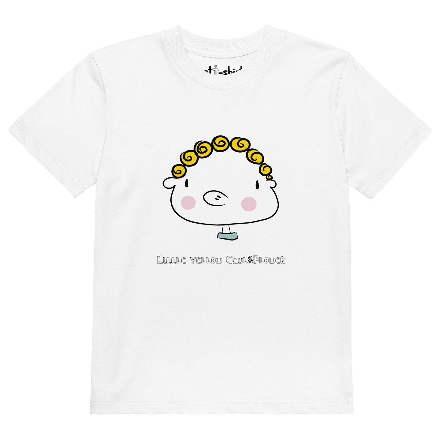 Camiseta blanca de manga corta elaborada en algodón orgánico con estampado frontal del personaje Little Yellow Caul&Flower.