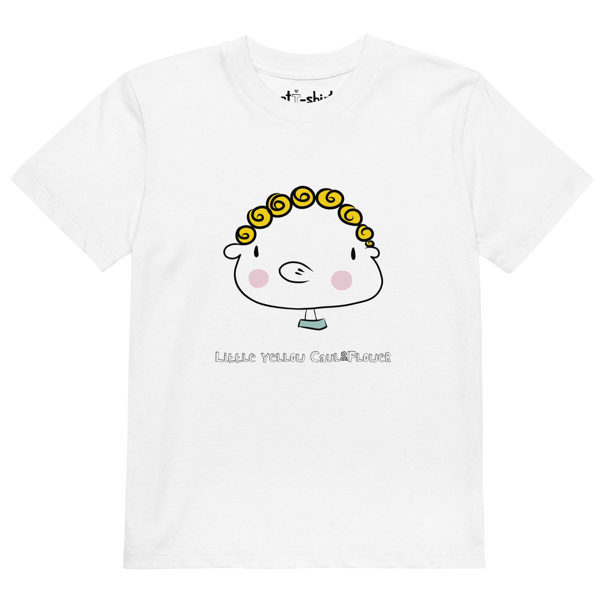 Camiseta blanca de manga corta elaborada en algodón orgánico con estampado frontal del personaje Little Yellow Caul&Flower.