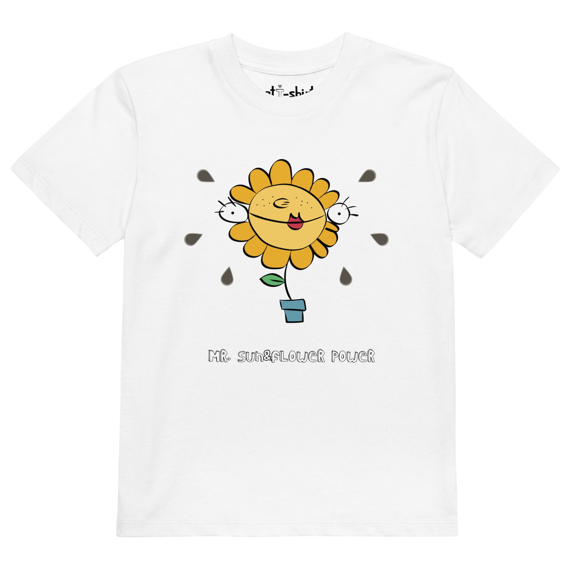 Camiseta ecológica de niño/a, blanca y de manga corta. Con el personaje Mr. Sun&Flower Power en su parte frontal.
