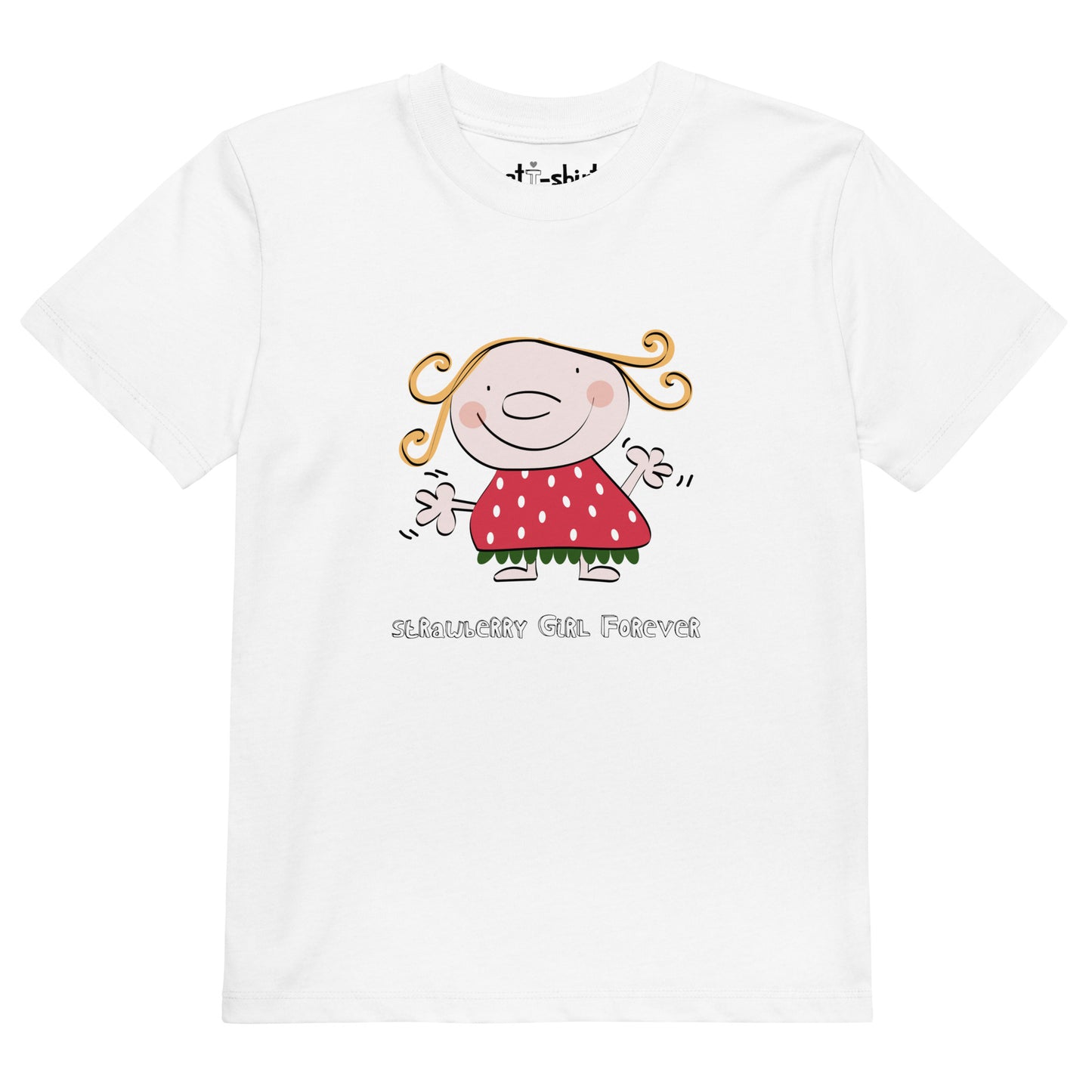 Camiseta de niño/a elaborada en algodón orgánico y de manga corta. Personaje Strawberry Girl Forever en su parte frontal.