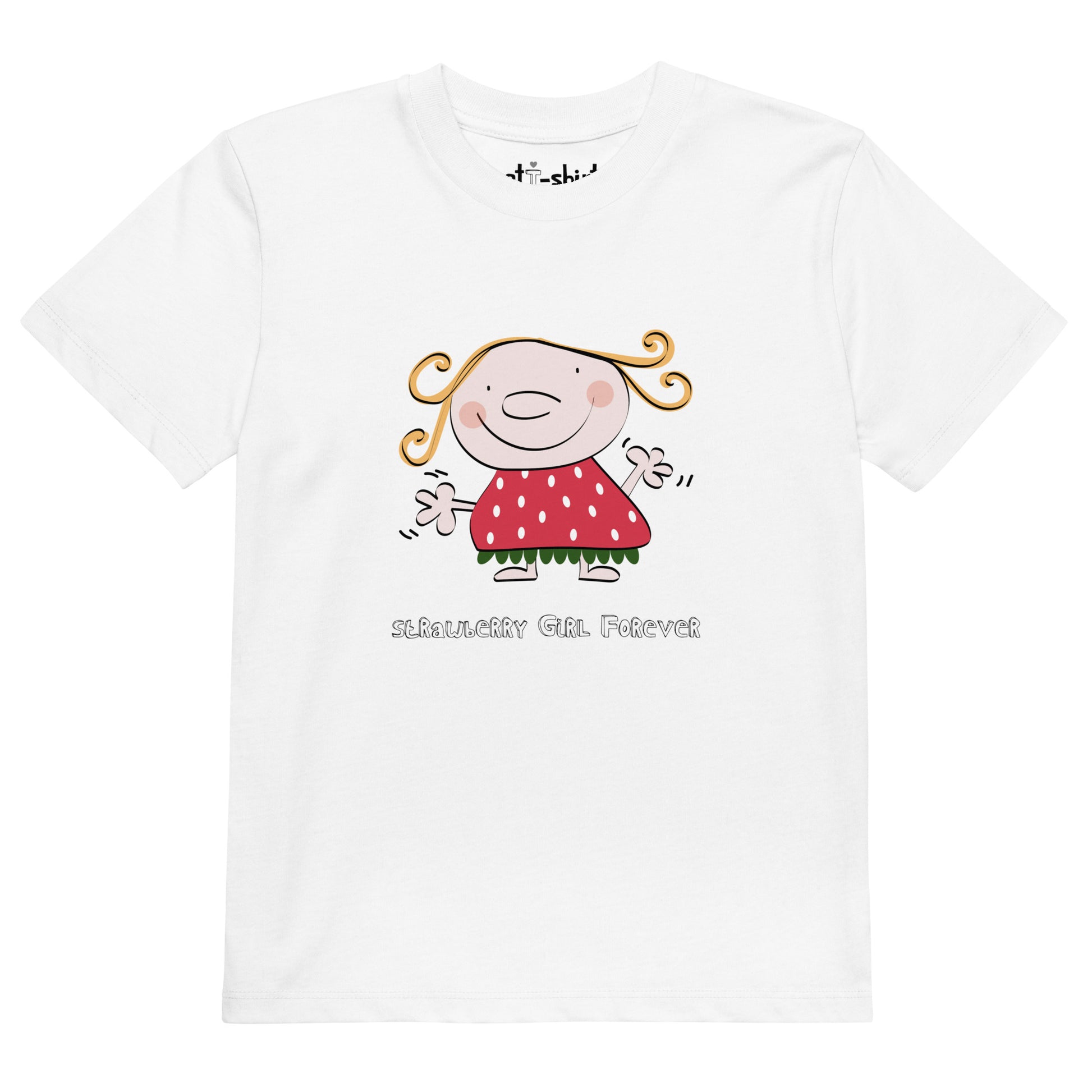 Camiseta de niño/a elaborada en algodón orgánico y de manga corta. Personaje Strawberry Girl Forever en su parte frontal.