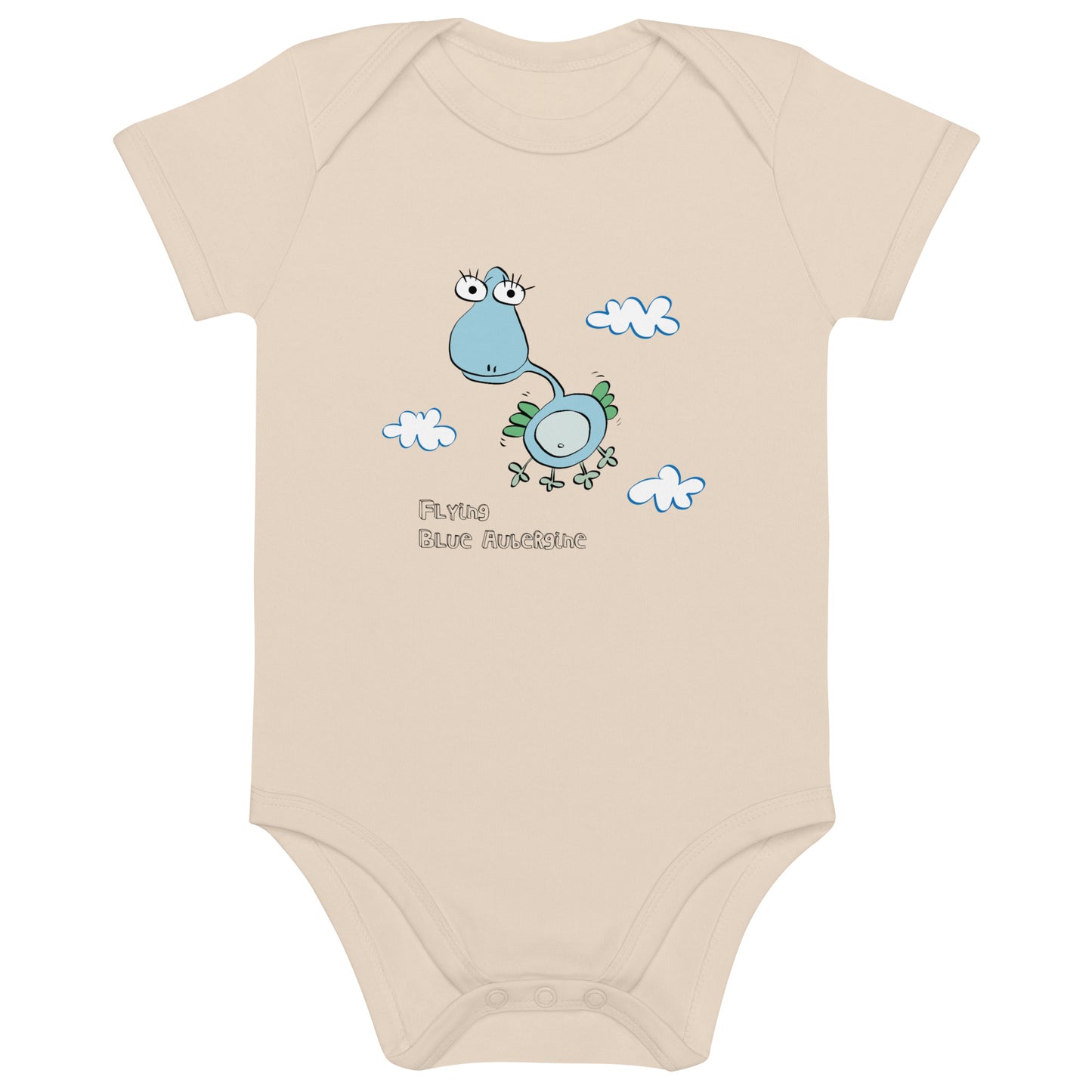 Body de bebé color blanco de manga corta, elaborado en algodón orgánico certificado. Personaje Flying Blue Aubergine estampado.