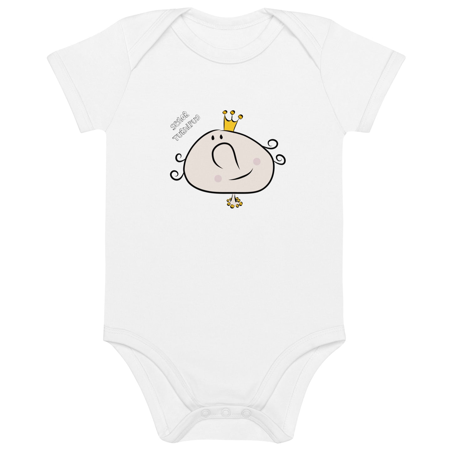 Body de bebé color blanco y manga corta,  con personaje Señor Turnipus. Está elaborado en algodón orgánico certificado, con cuello tipo americano y cierres a presión en la entrepierna.