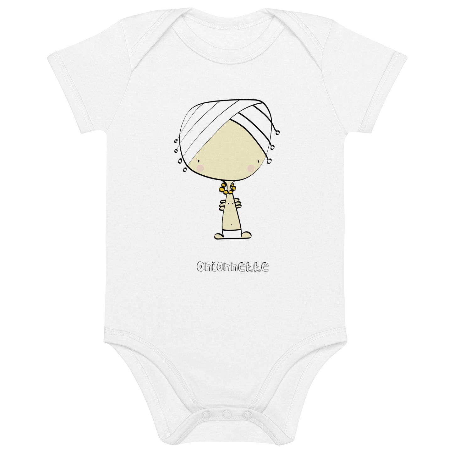 Body de bebé color blanco de manga corta elaborado en algodón orgánico certificado, con cuello tipo americano y cierres a presión en la entrepierna. Personaje Onionnette estampado.