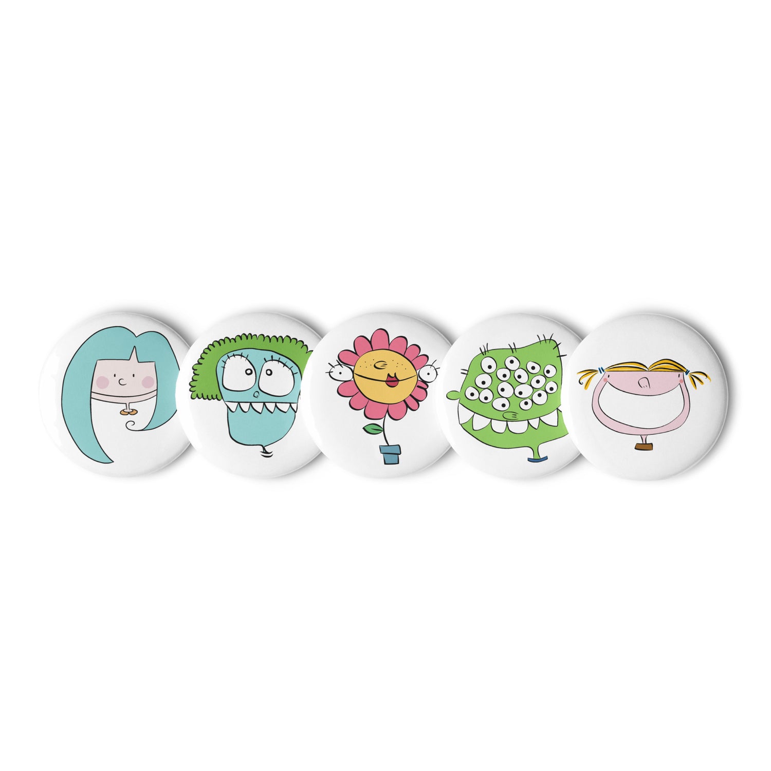 Imagen del set de cinco chapas de los personajes de PretT-shirts.