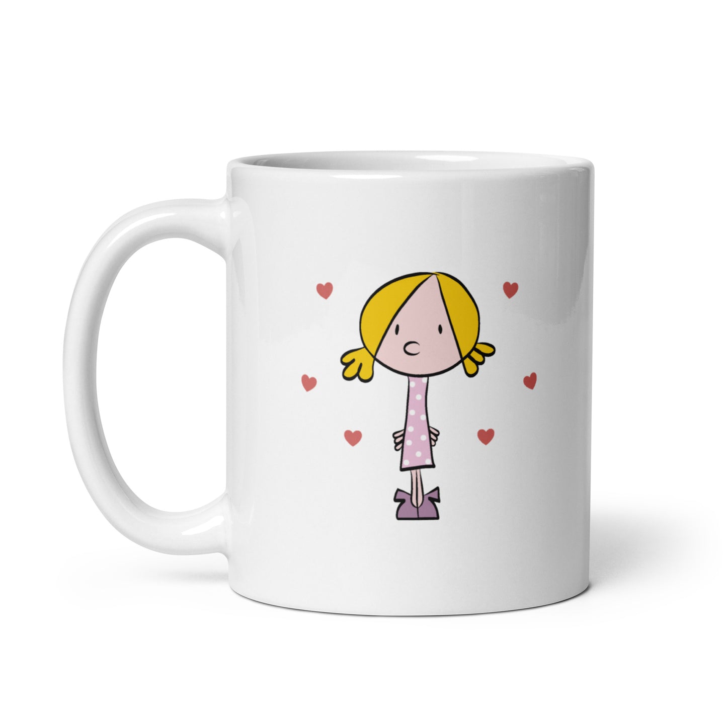Taza desayuno blanca brillante de 325 ml de volumen del personaje Chupa Chup Girl. Imagen de la parte posterior.
