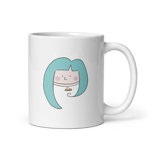 Taza desayuno blanca brillante de 325 ml de volumen. Es del personaje Mss Blue Lettuce. Vista frontal.