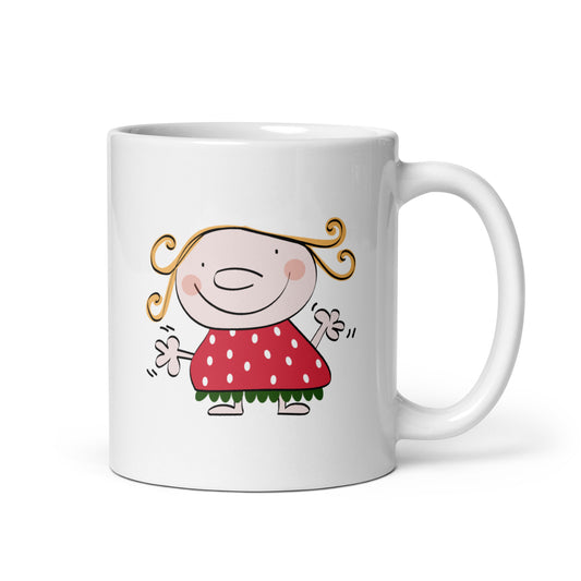 Taza desayuno blanca brillante de 325 ml (11oz) de volumen. Divertida Strawberry Girl Forever.