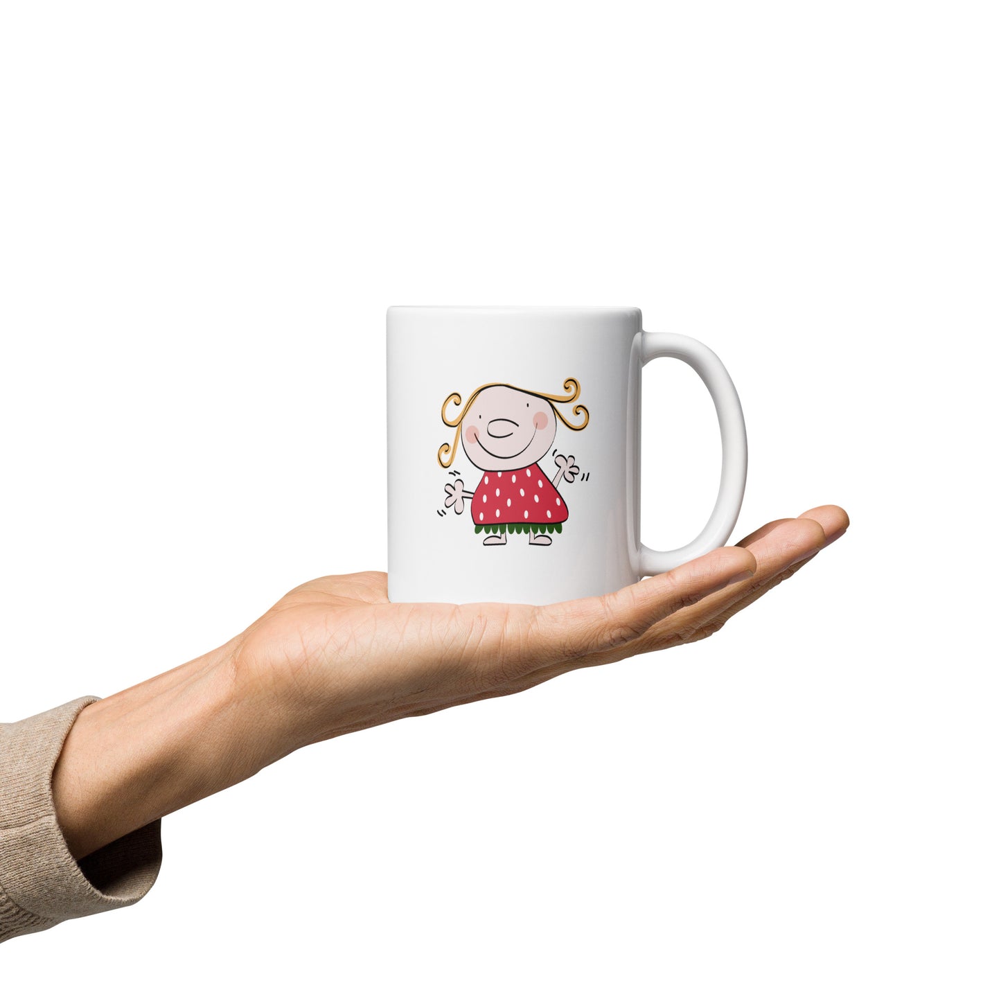 Taza de desayuno blanca brillante con del personaje Strawberry Girl Forever. Taza posada sobre una mano.