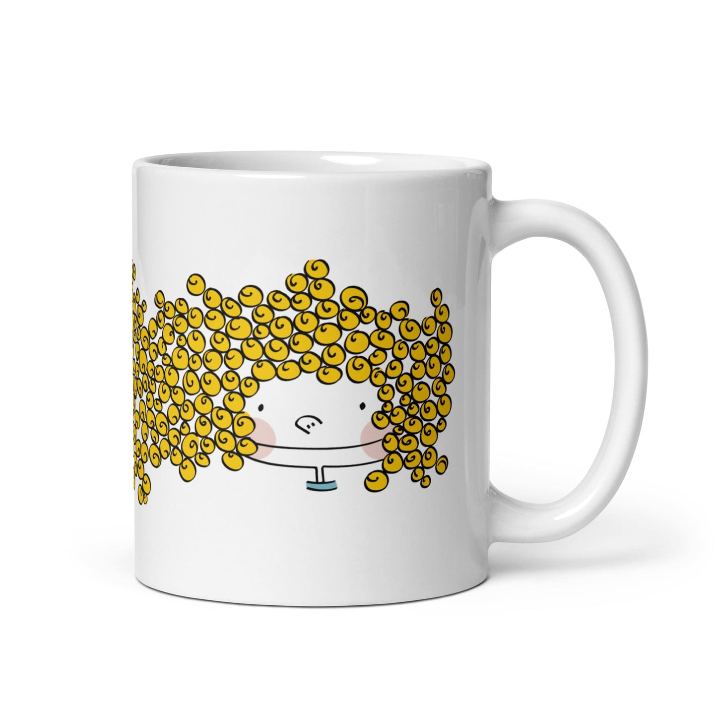 Taza desayuno blanca brillante de 325 ml de volumen. Personaje Corncob Girl. Vista delantera.