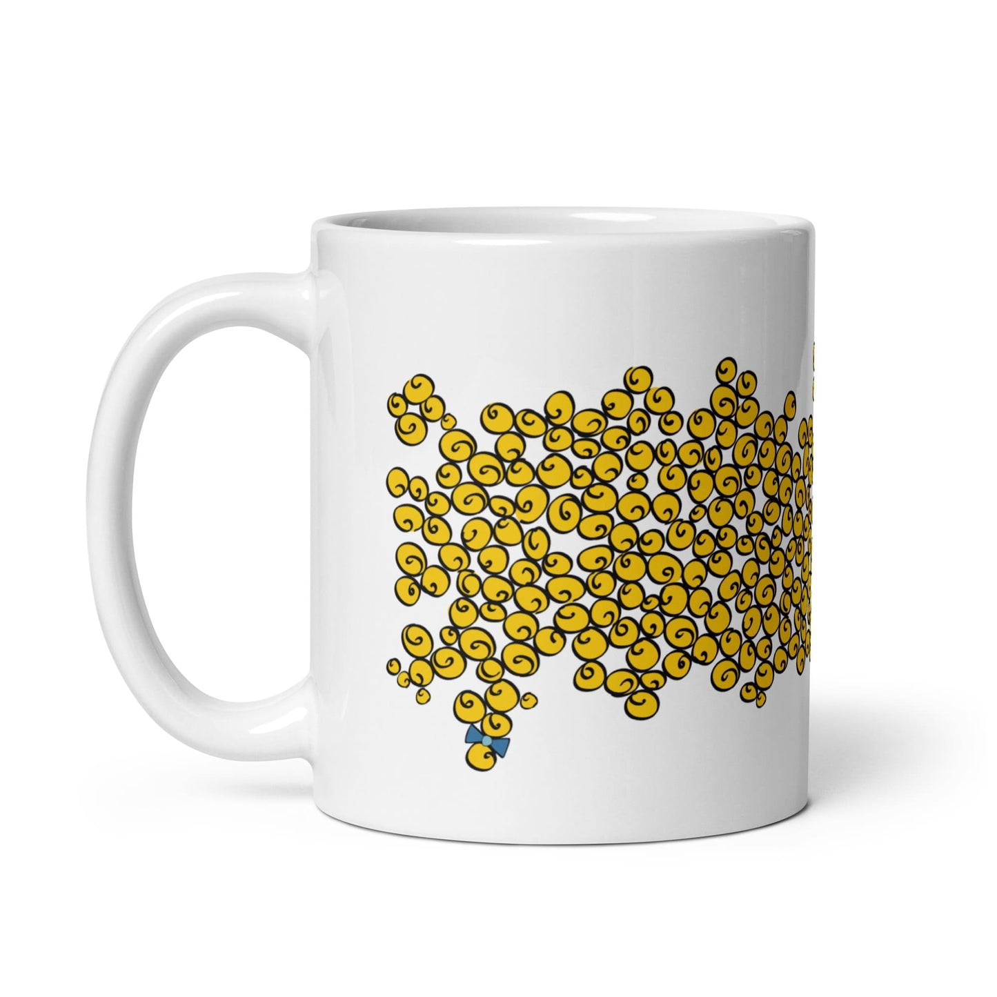 Taza desayuno blanca brillante de 325 ml de volumen. Personaje Corncob Girl. Vista trasera.