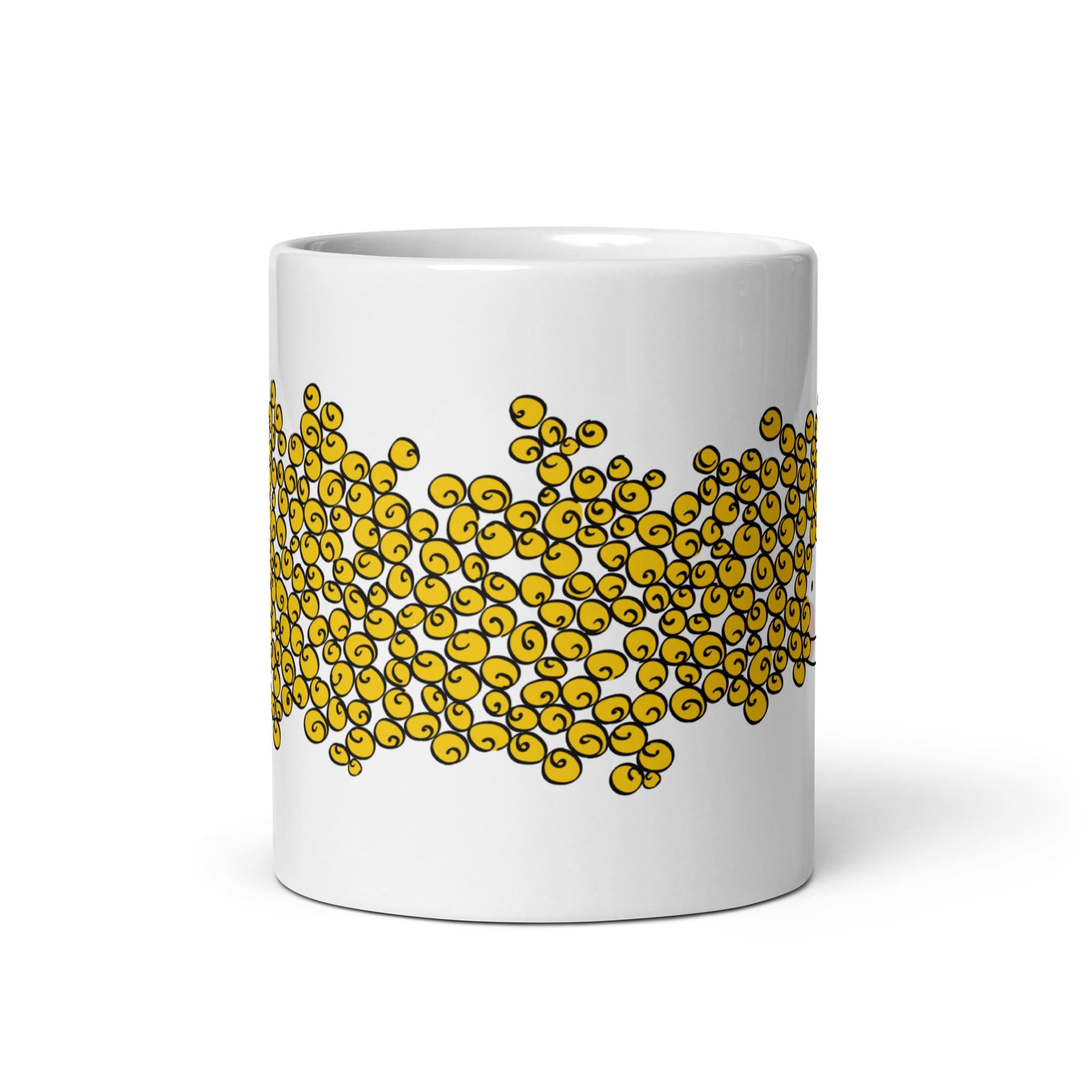 Taza desayuno blanca brillante de 325 ml de volumen. Personaje Corncob Girl. Vista central.